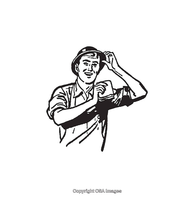 Black and White Line Art of a Smiling Worker in Overalls