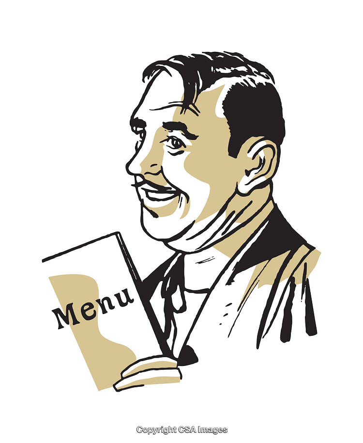 Retro Illustration of a Smiling Man Holding a Menu