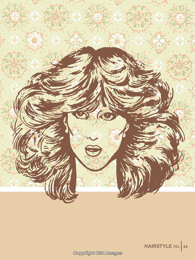 Retro-Style Illustration of a Woman's Face Against Patterned Background