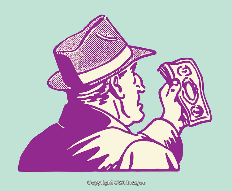 Vintage Line Art of Man Counting Money in Stylish Hat
