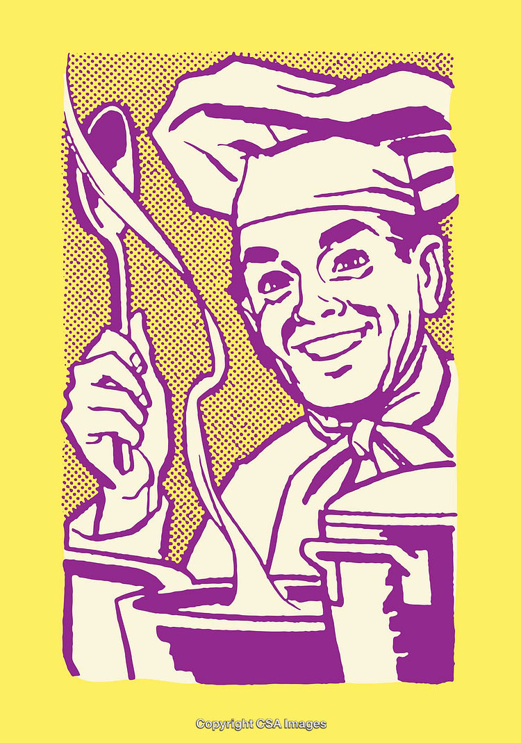 Vintage Chef Illustration Holding a Ladle with Classic Artistic Style