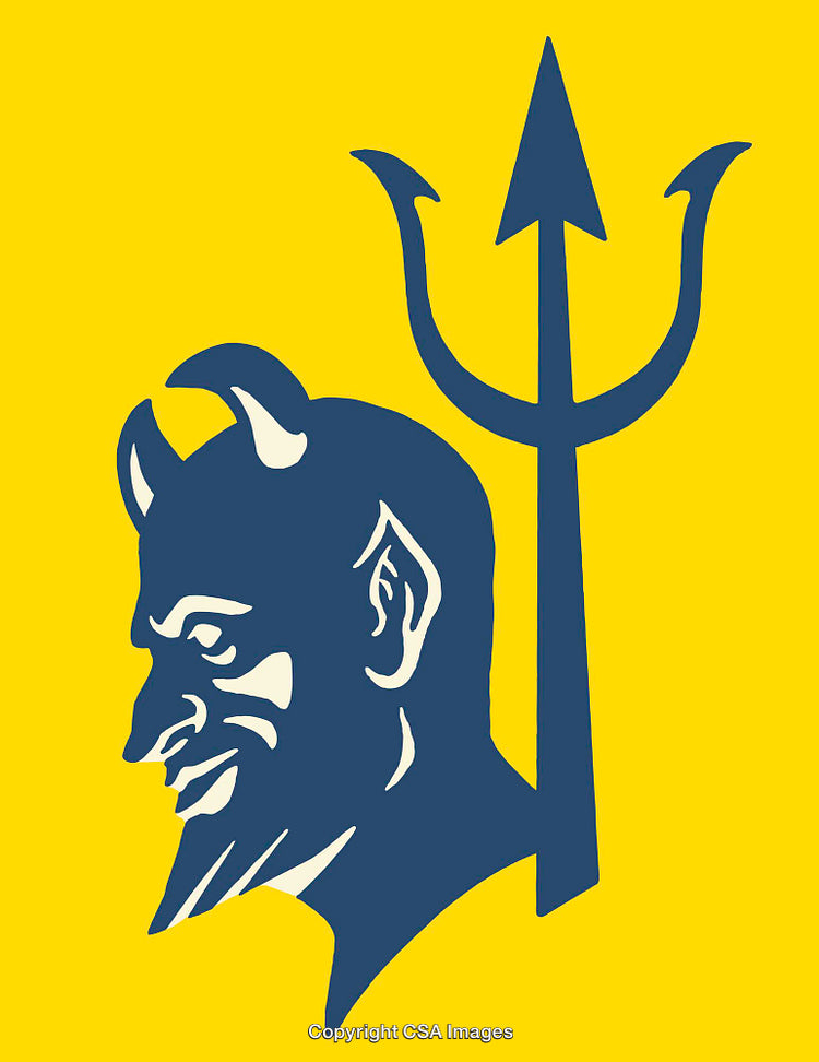 Stylized Devil Illustration with a Trident on a Yellow Background