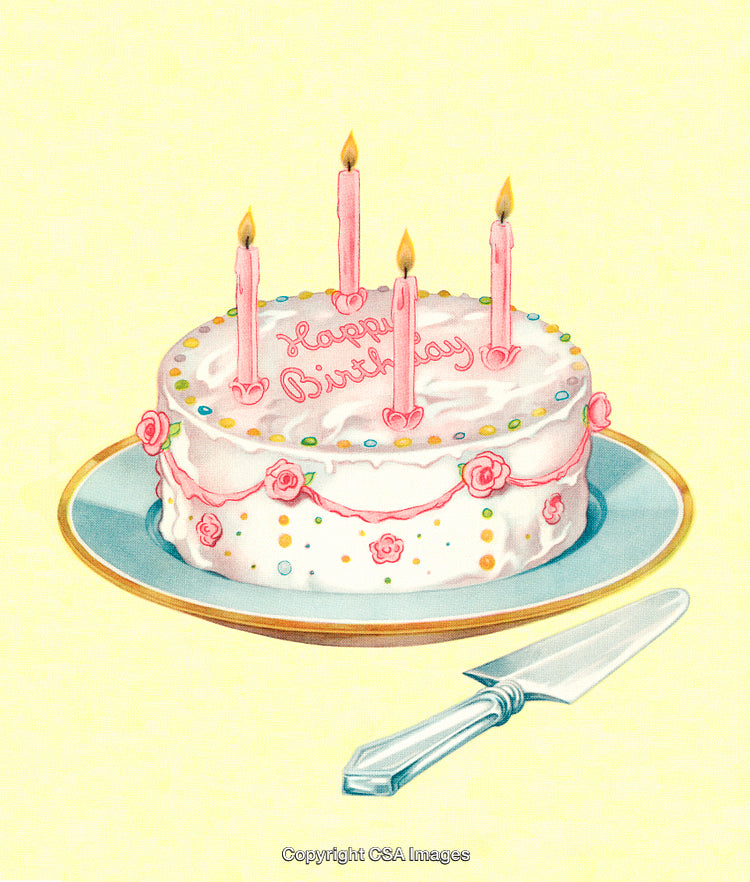 Decorative Birthday Cake with Candles and Knife on Yellow Background