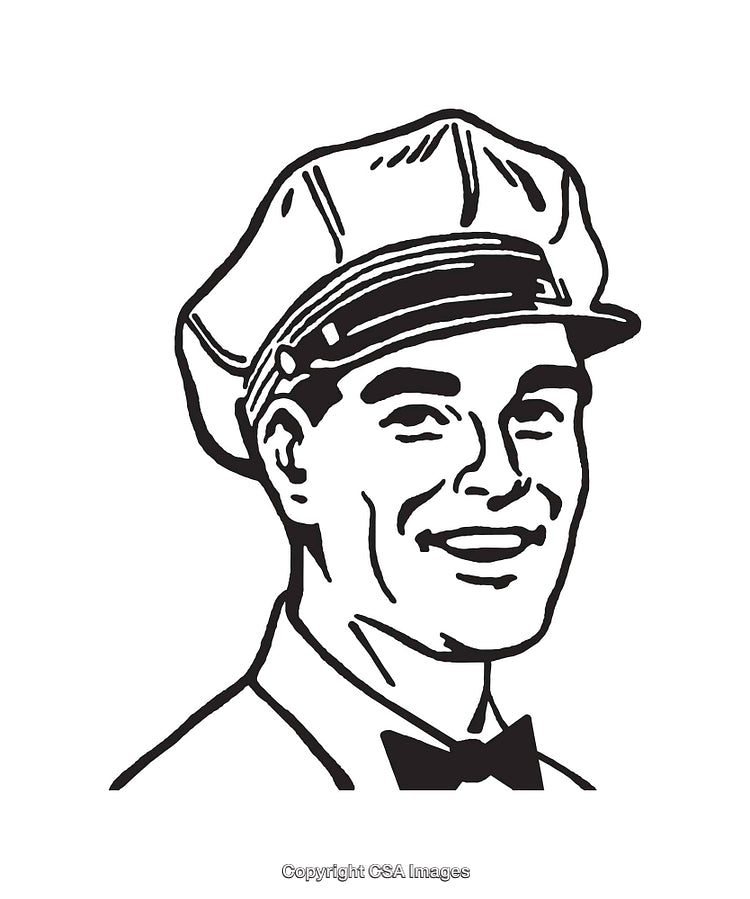 Vintage Black Ink Illustration of a Smiling Delivery Worker in Uniform