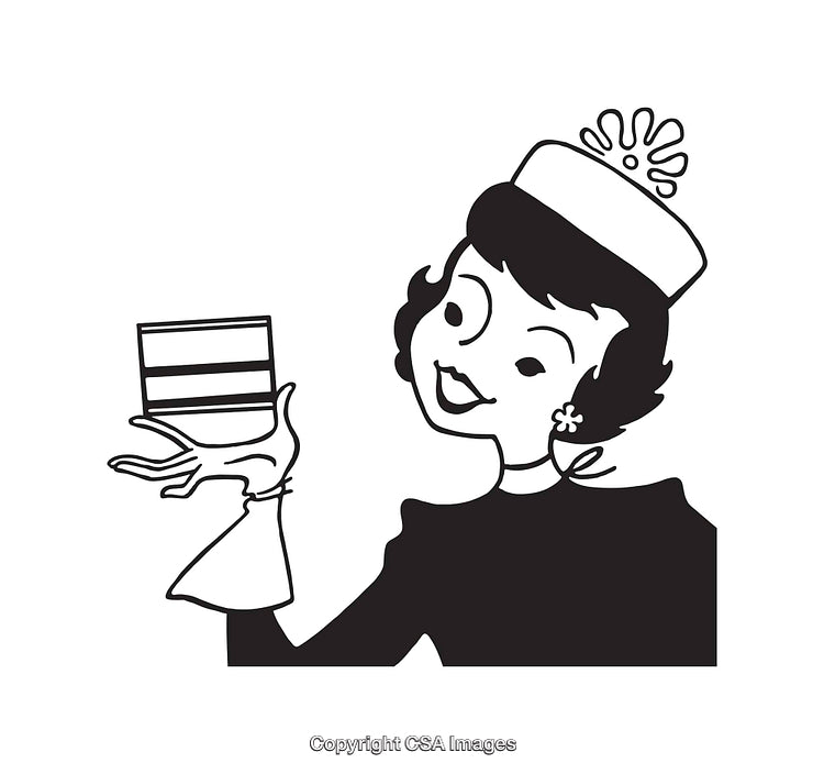 Retro Style Black and White Woman Illustration Holding a Striped Box