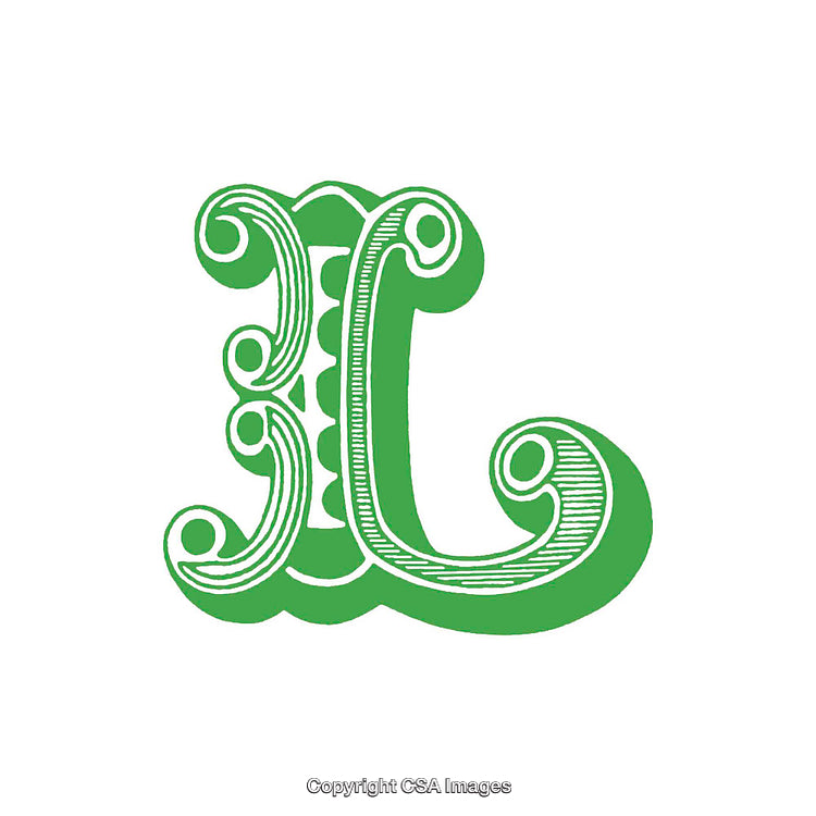 Intricately Designed Green Ornamental Letter L on White Background