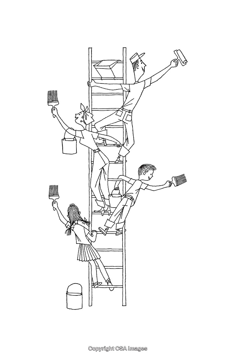 Team of Figures Working Together on Ladder in Line Art Style