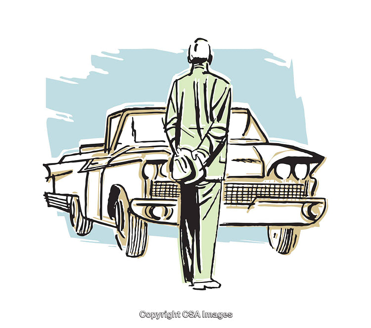 Man Standing Beside Classic Car in Color Illustration Style