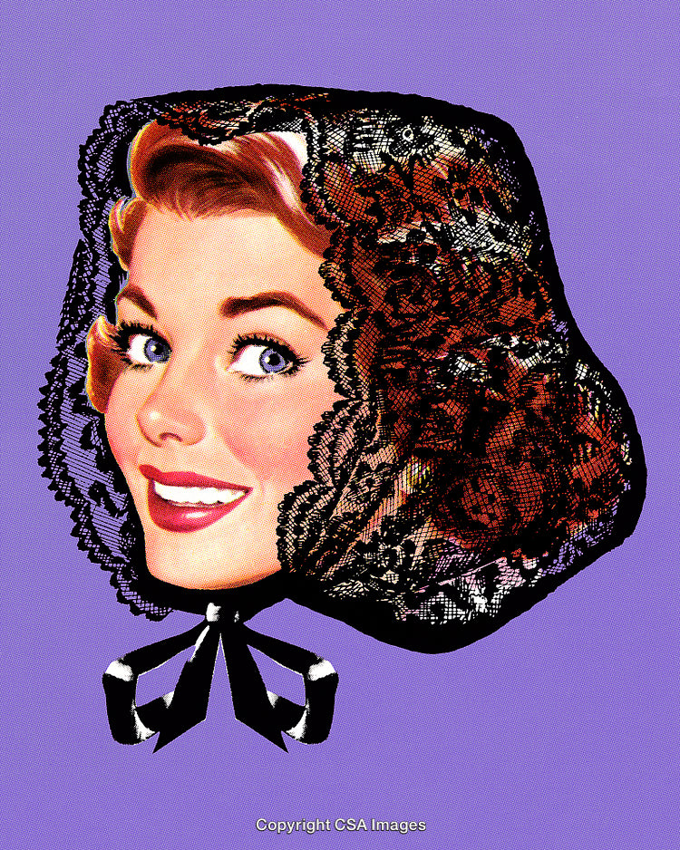 Retro Woman with Lace Bonnet on Vibrant Purple Background