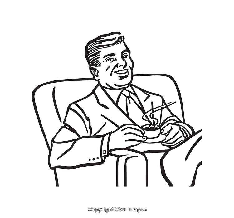 Retro Black and White Illustration of a Man Relaxing With Coffee