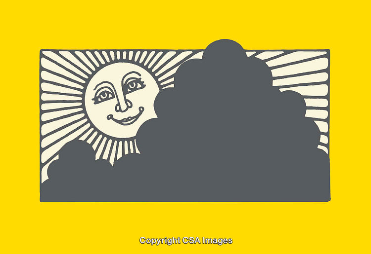 Smiling Sun Behind Clouds Illustration on a Bright Yellow Background