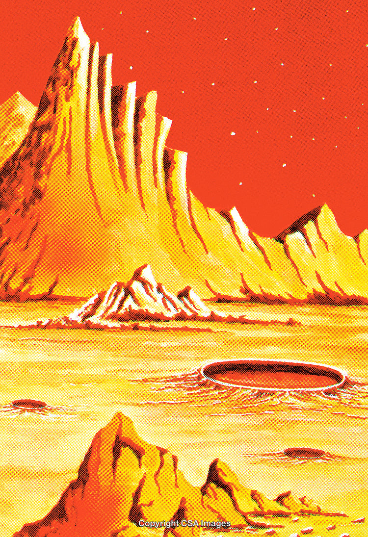 Surreal Sci-Fi Desert Landscape with Craters and Rocky Mountains