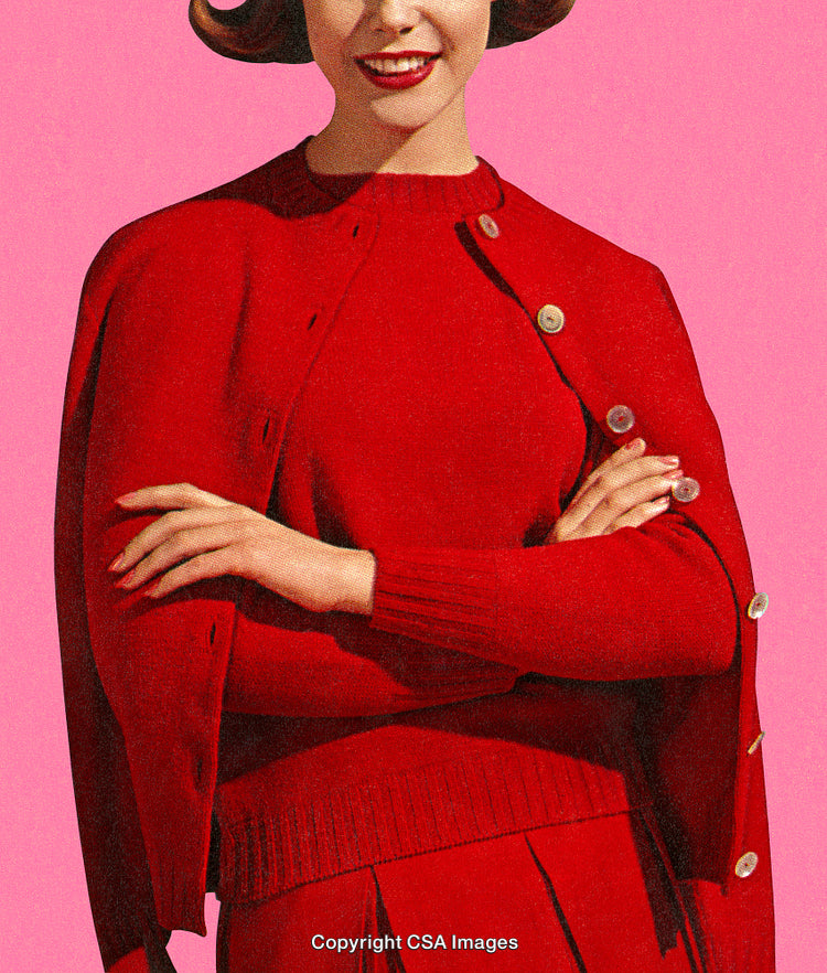Elegant Woman in Red Outfit with Retro Printed Photo Style