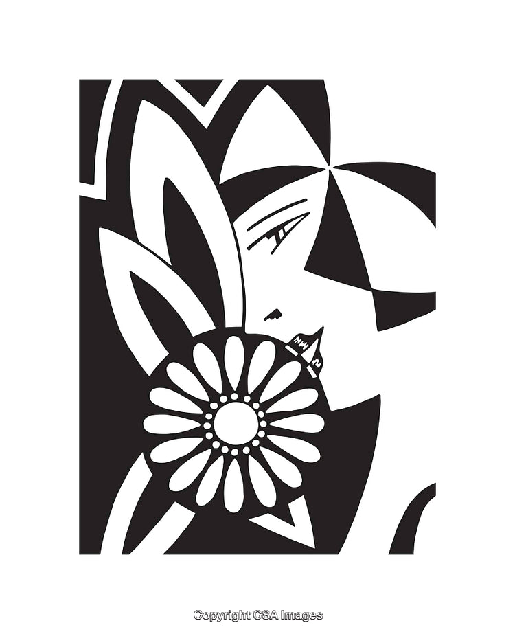 Abstract Black and White Line Art With Floral and Face Elements