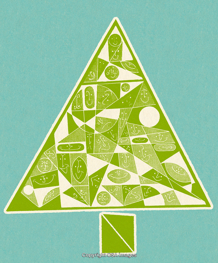 Modern Geometric Style Abstract Green Christmas Tree Design on Blue Background