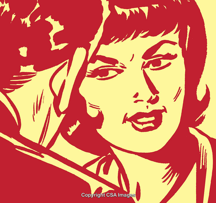 Retro Comic-Style Illustration of a Woman Engaging in Thoughtful Discussion