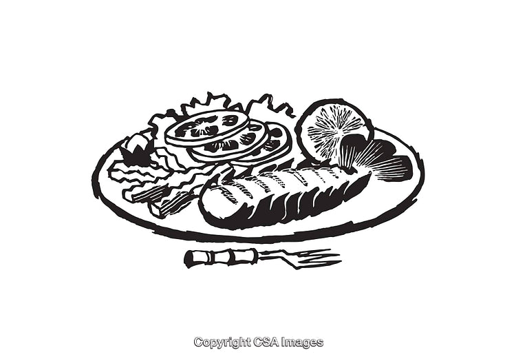 Black and White Line Illustration of Food Plate with Salad and Meat