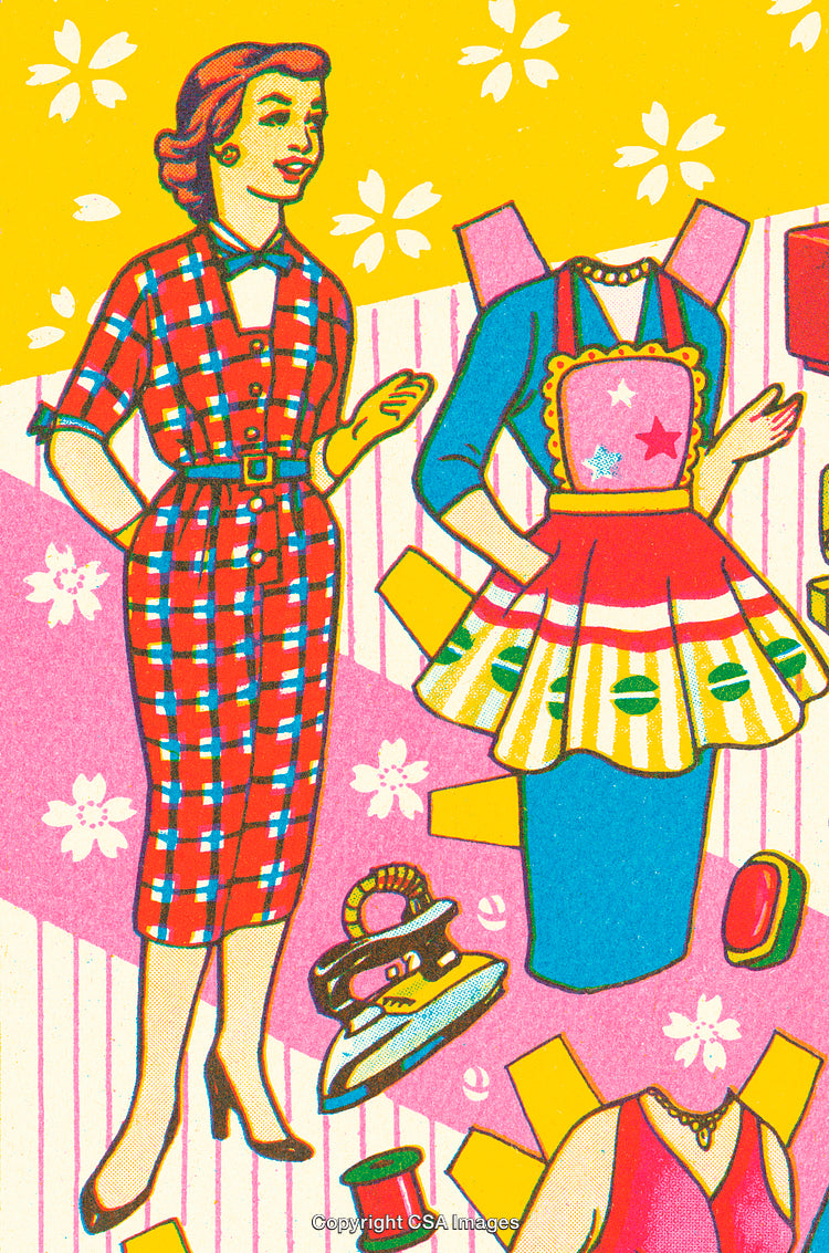 Retro Illustration of a Woman with Vintage Clothing Cutouts