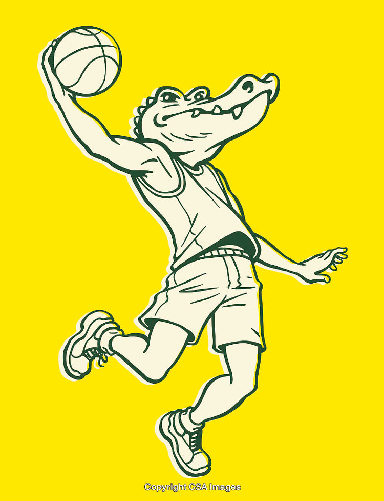 Cartoon Illustration of Basketball Playing Alligator on Yellow Background