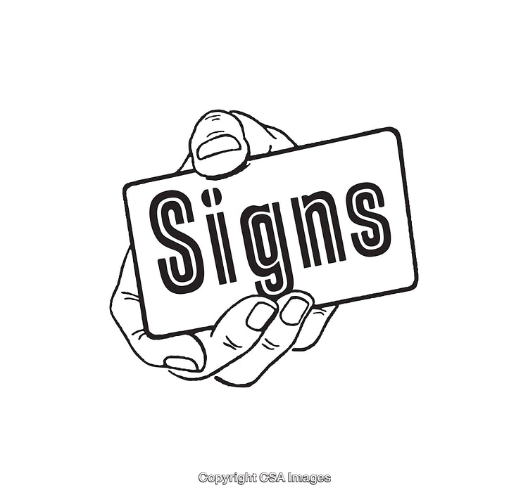 Black and White Artwork of Hand Holding a Signs Text Card