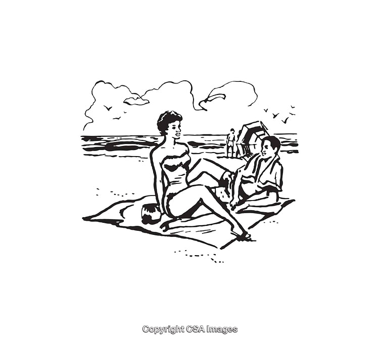 Vintage Black and White Illustration of a Beach Scene with Two People
