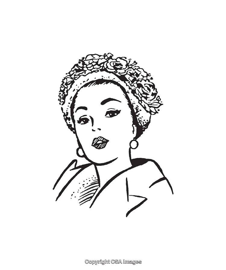 Black and White Line Art Illustration of a Woman Portrait With Floral Hat
