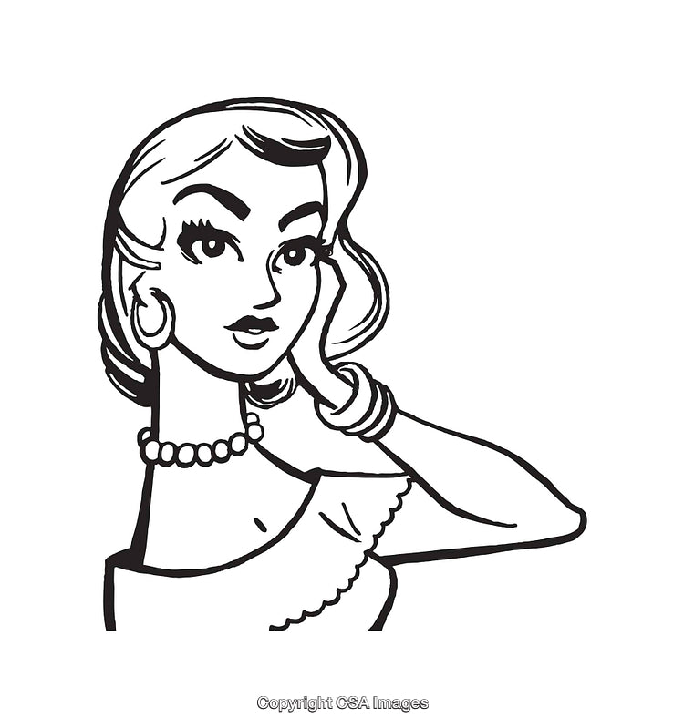 Elegant Retro Line Art Illustration of a Styled Woman in Black and White