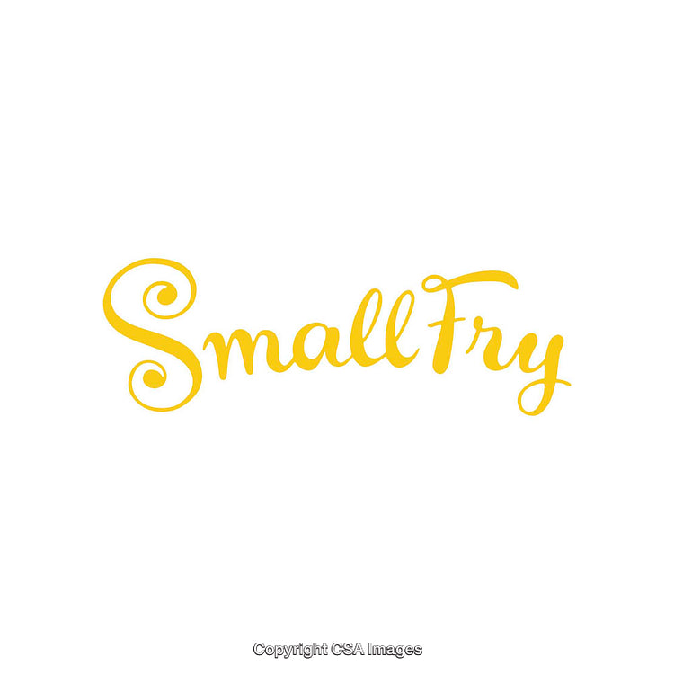 Elegant Yellow Script Design Displaying the Words "Small Fry" on White