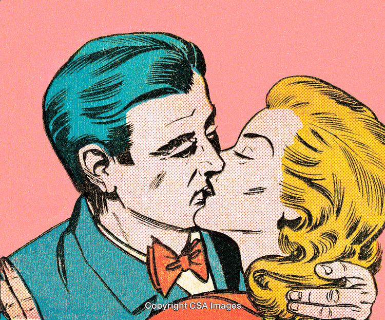 Vintage Comic Illustration of a Couple Sharing a Romantic Kiss