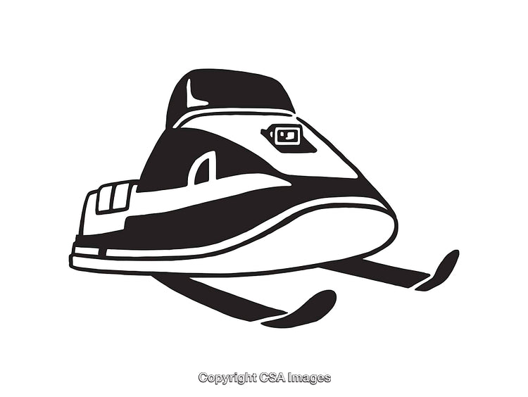 Black and White Line Art of a Snowmobile on Flat Background