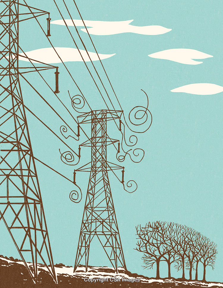 Stylized Electric Power Lines with Winter Trees Under a Clear Sky
