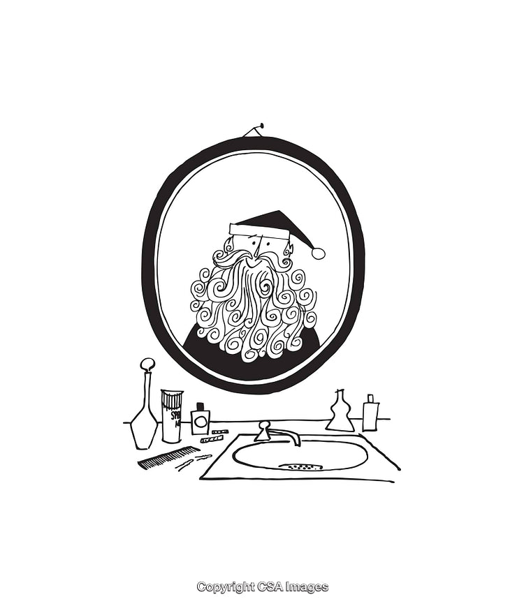 Black and White Line Art of Santa in Bathroom Mirror