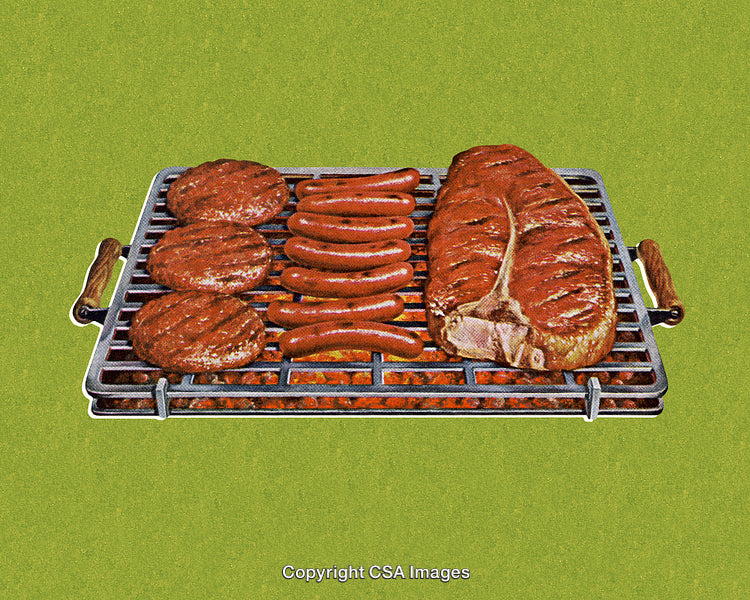 Assorted Grilled Meat on Barbecue Over Green Background