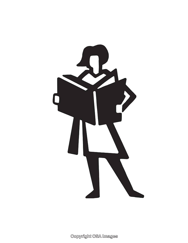 Black and White Illustration of a Person Standing and Reading a Book
