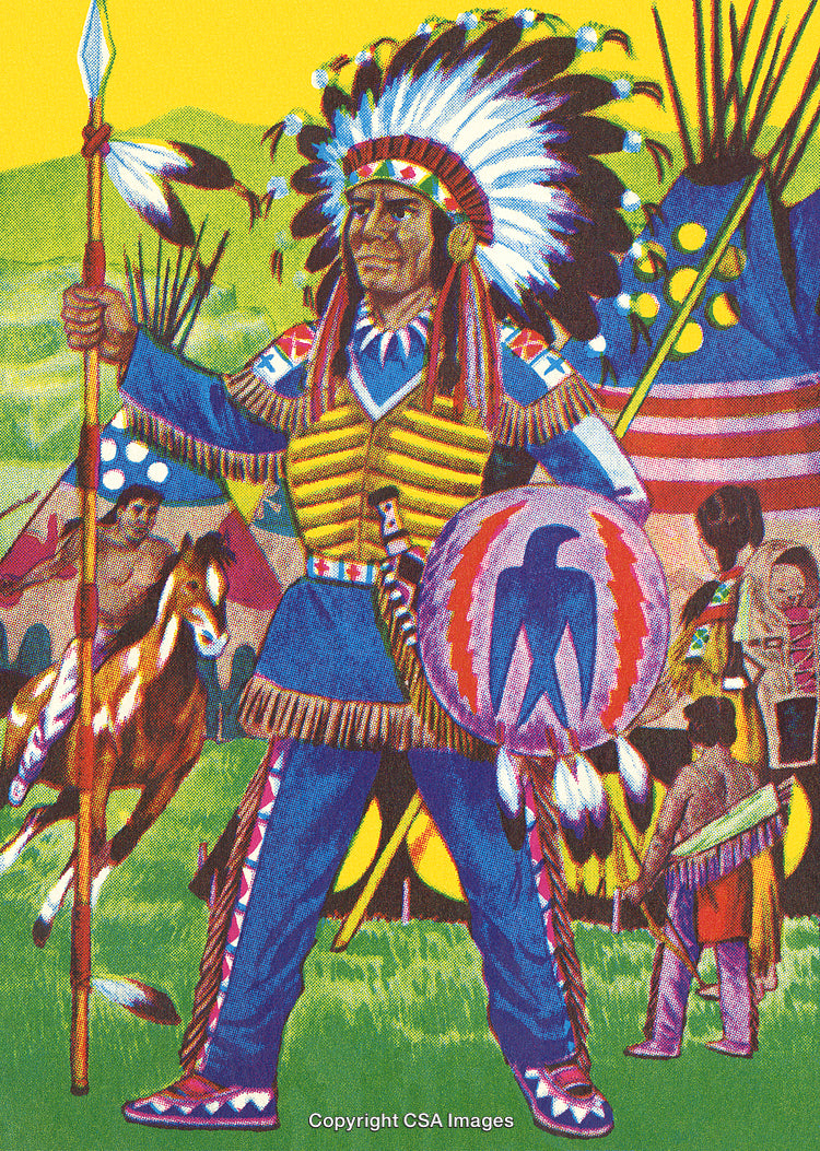 Colorful Illustration of a Tribal Chief in Traditional Regalia Holding a Shield
