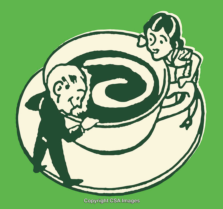 Colorful Line Art Illustration of Two Characters with a Large Tea Cup