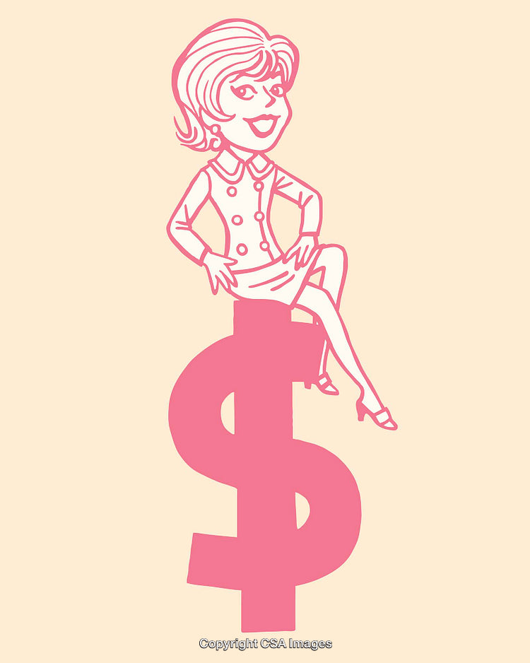 Stylized Line Art of a Figure on Dollar Symbol in Pink Hue