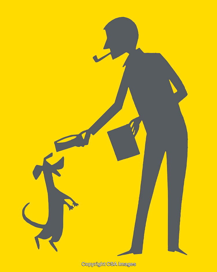 Silhouette Illustration of Person Feeding Loyal Dog on Yellow Background