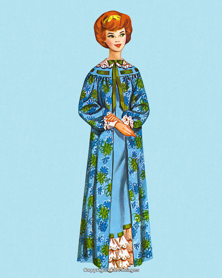 Vintage Illustration of Woman in Blue Floral Nightgown on Light Blue Background