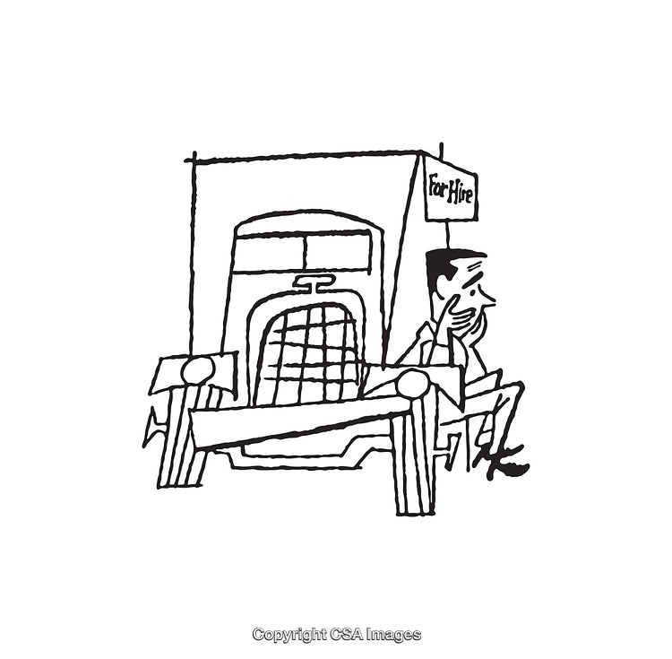 Black and White Line Art of Waiting Person Near Car for Hire Sign