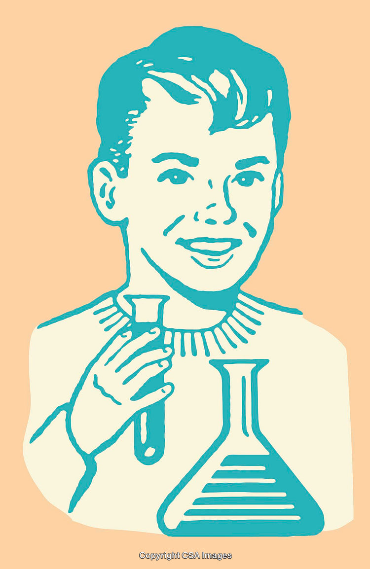 Retro Style Boy Conducting a Science Experiment with Lab Flask and Test Tube