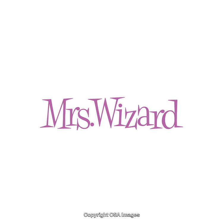 Purple Curved Typography of Mrs. Wizard on White Background
