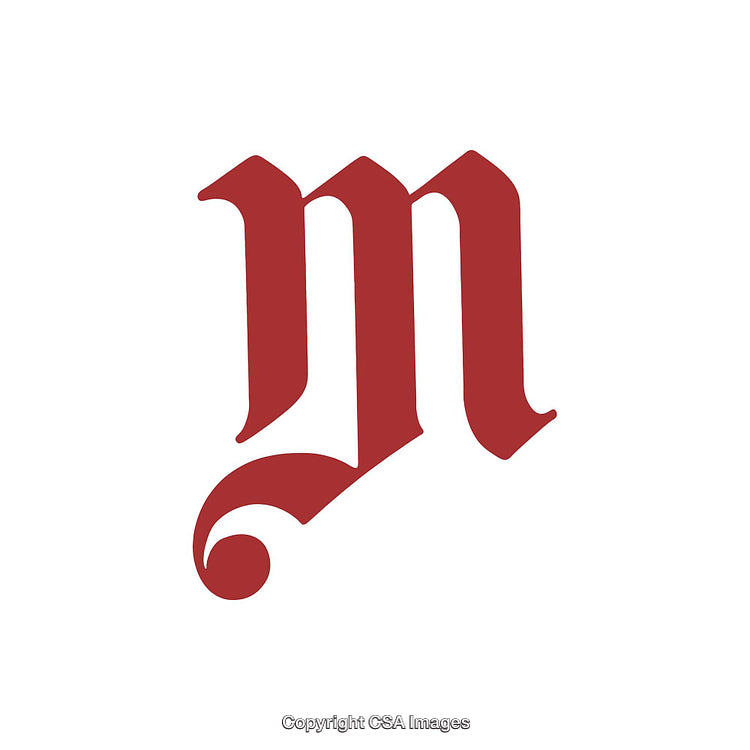 Stylized Red Letter M in Gothic Typeface on White Background