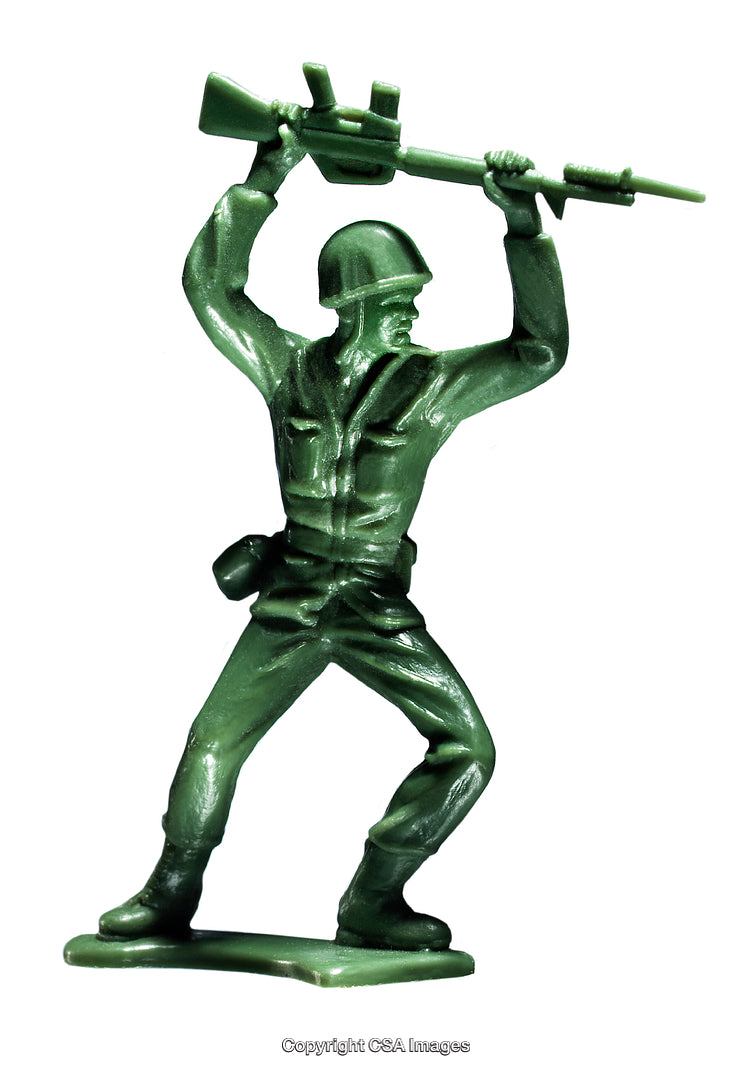 Green Plastic Soldier Holding Rifle in Action Pose on White Background