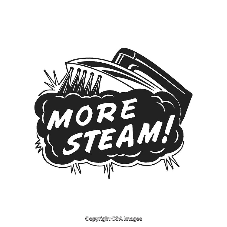 Retro Iron Illustration With 'More Steam!' Text on Bold Graphic