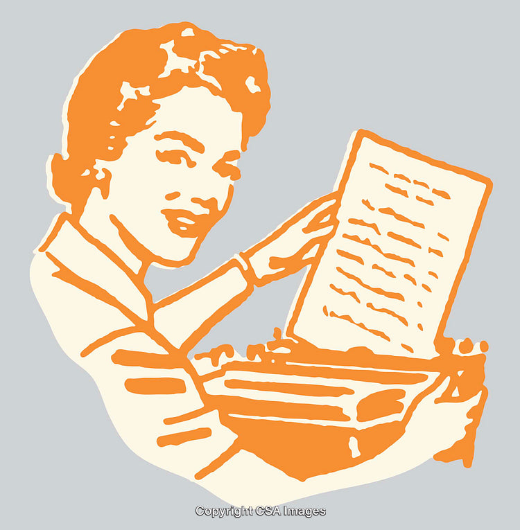 Retro Styled Line Art Illustration of a Woman Holding a Document