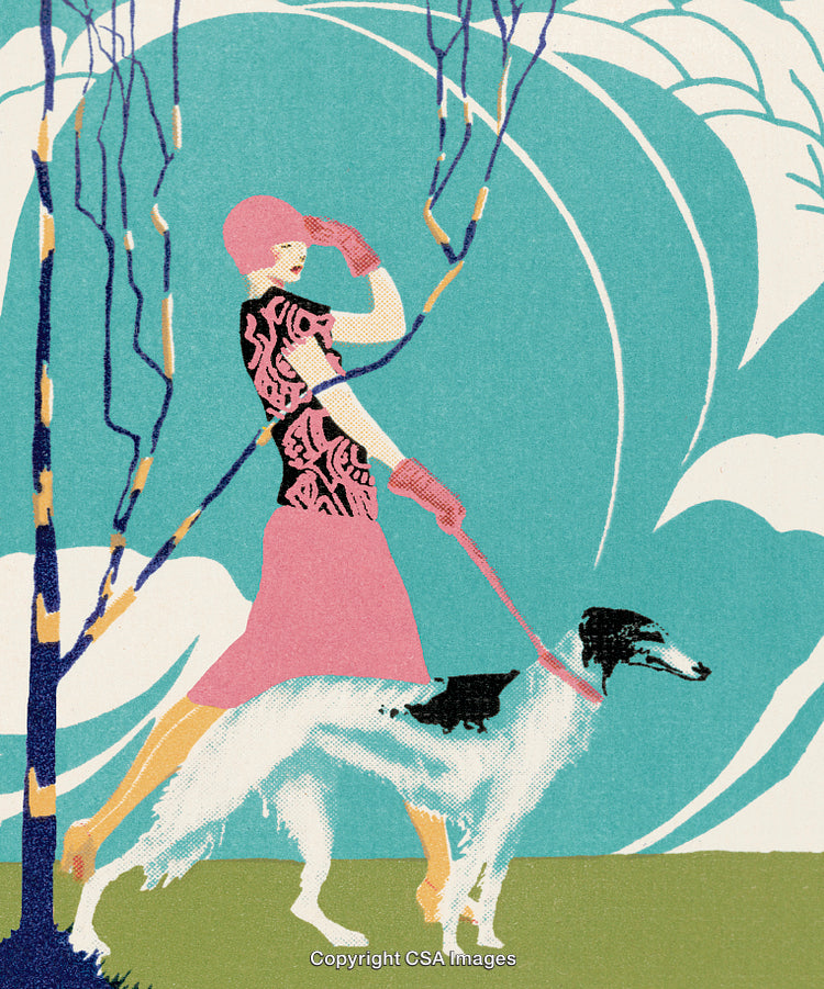 Elegant Woman in Vintage Attire Walking Dog Against Vibrant Art Deco Background