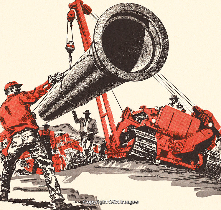 Workers Constructing Industrial Pipeline with Heavy Machinery on Rugged Terrain