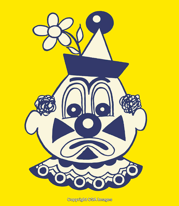 Whimsical Sad Clown Illustration with Flower on Yellow Background