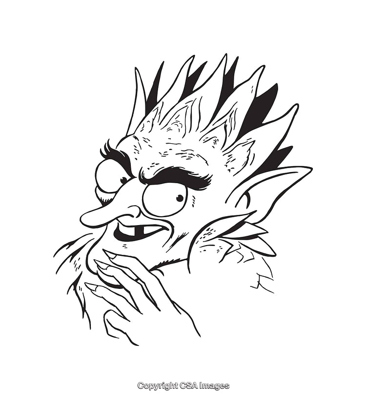 Monochrome Illustration of a Mischievous Goblin with Intriguing Expression